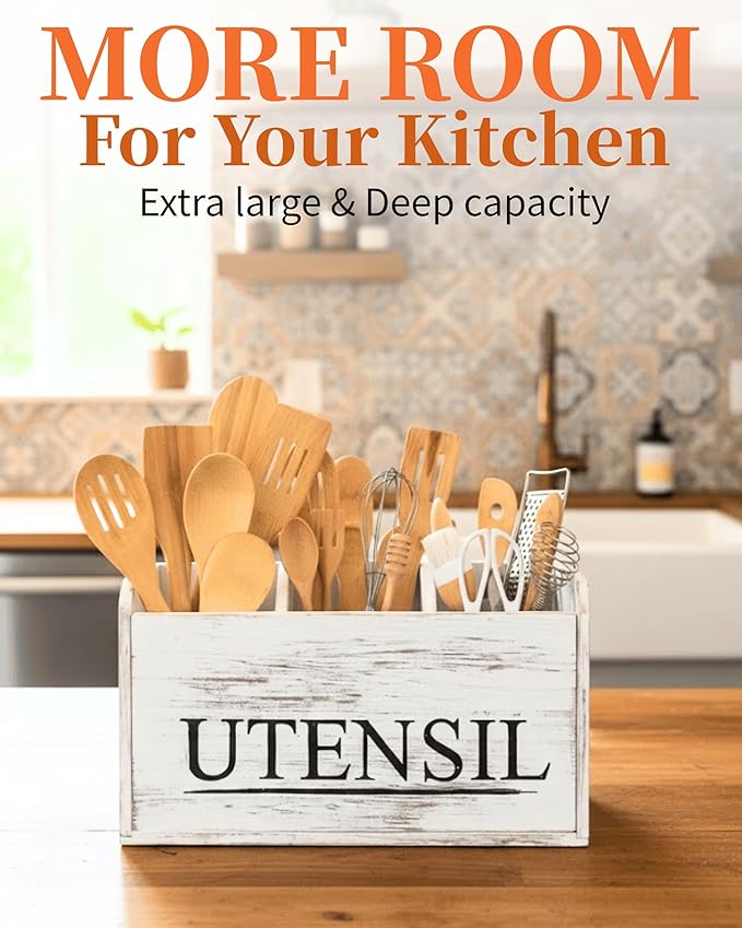 White Kitchen Utensil Holder Rustic Large Wooden Utensil Organizer Cooking Tools Storage