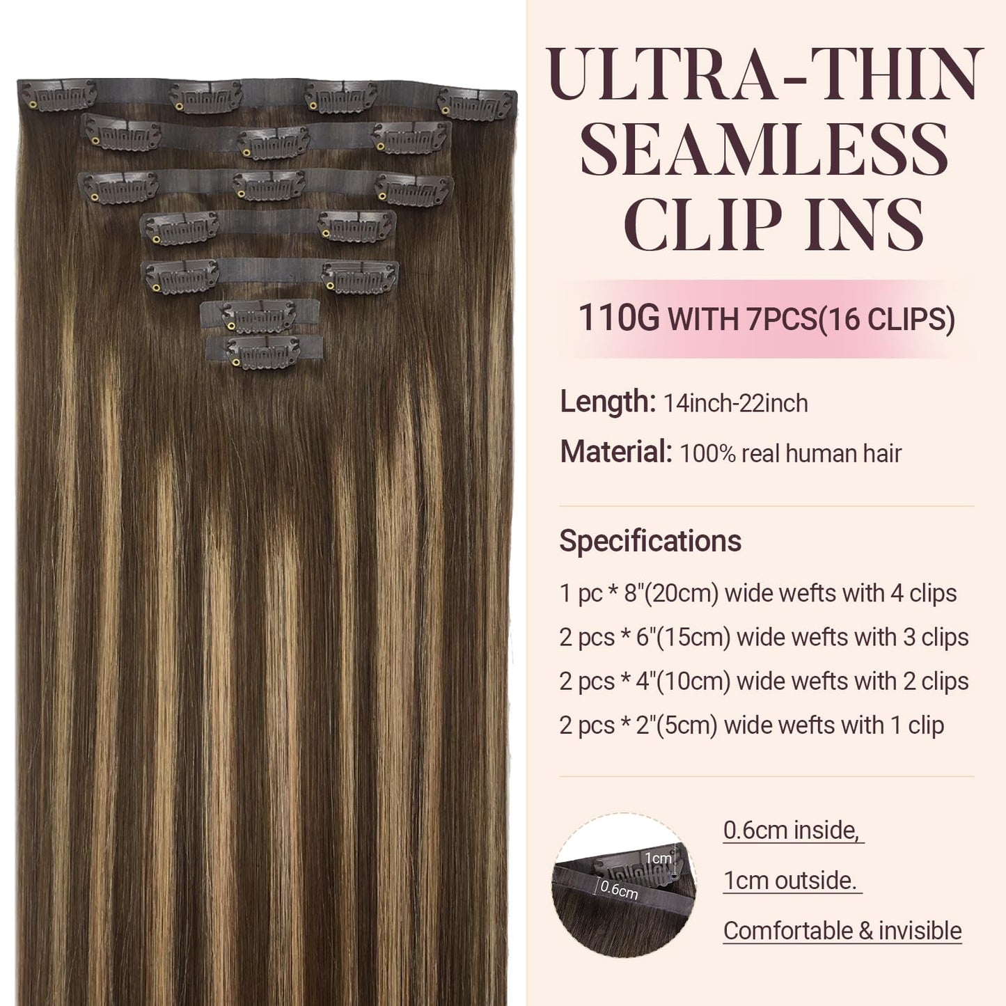 Seamless Hair Extensions Clip in, 7pcs 110g Balayage Chocolate Brown to Caramel Blonde 22 Inch, MAXITA Remy Clip in Hair Extensi