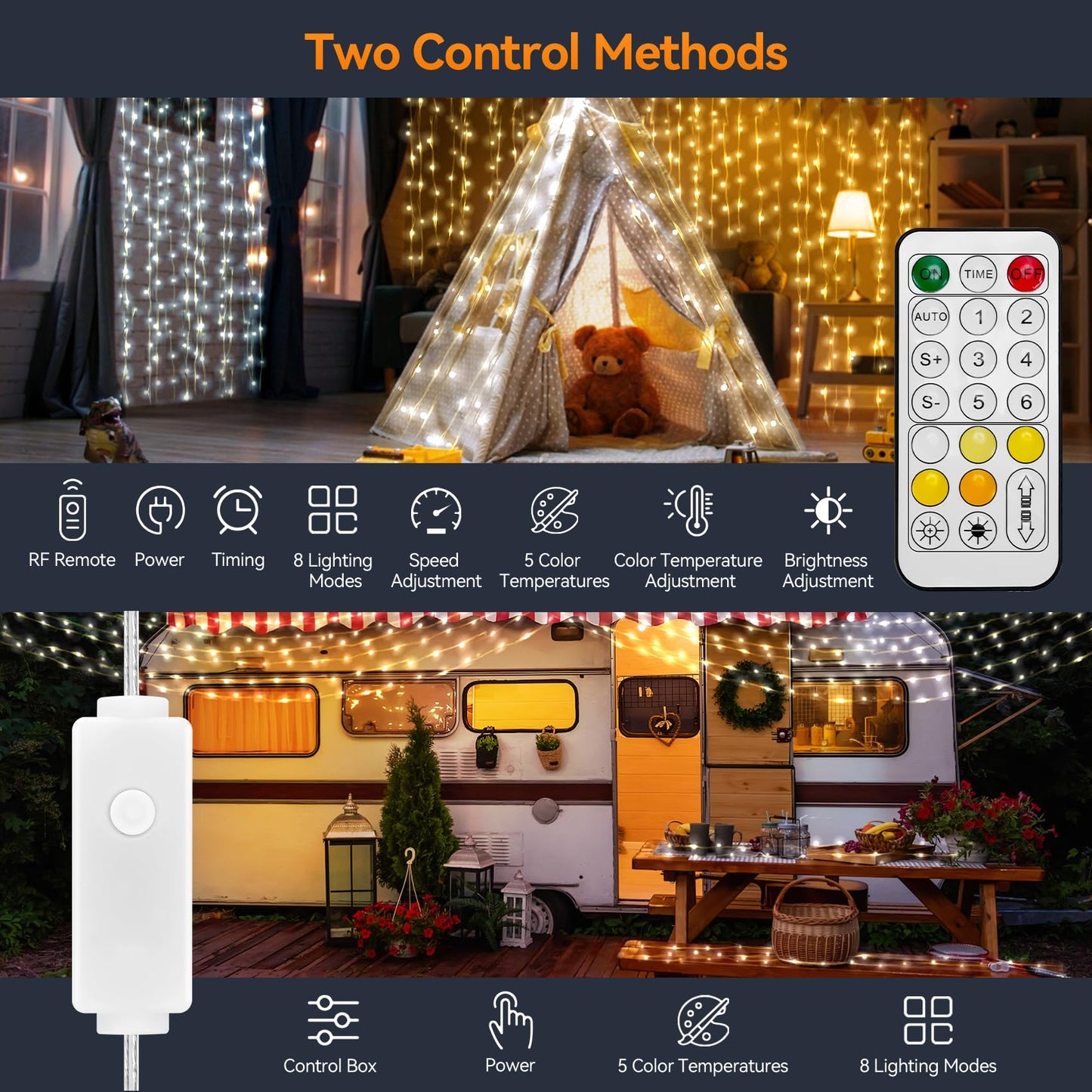 HOUHUI Fairy Lights, 100Ft Waterproof LED String Lights, 2700K-6500K Tunable White, 8 Modes, Remote Control, Model TW-15M
