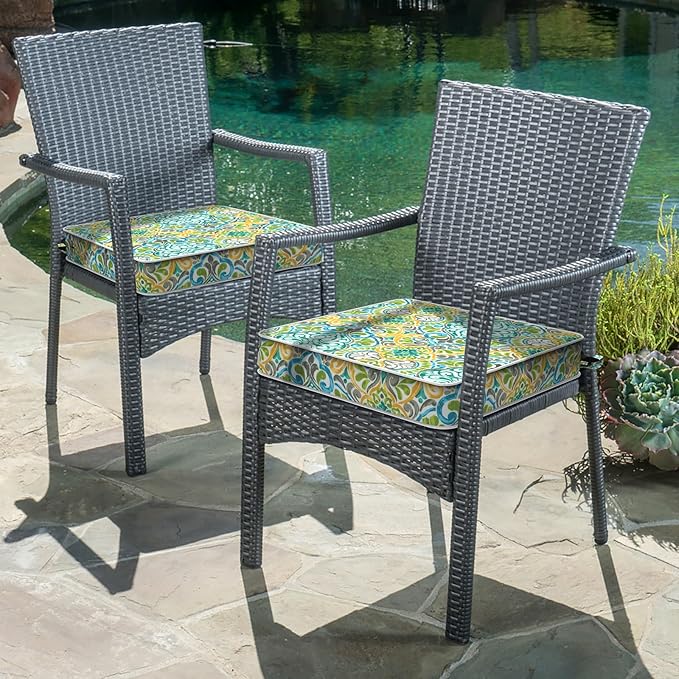 LVTXIII Patio Chair Cushions 19"x19"x3", Water-Repellent Outdoor Seat Cushions for Patio Furniture, Square Chair Pads with Ties for Home Garden Decoration, Set of 2, Damask Green