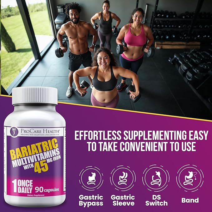 ProCare Health Bariatric Multivitamin with Iron 45mg (90 Easy to Swallow Capsules) - Post Op Bariatric Vitamins for Gastric Bypass Pills for Sleeve Patients, Sustain Recovery & Energy (3 Month Supply)