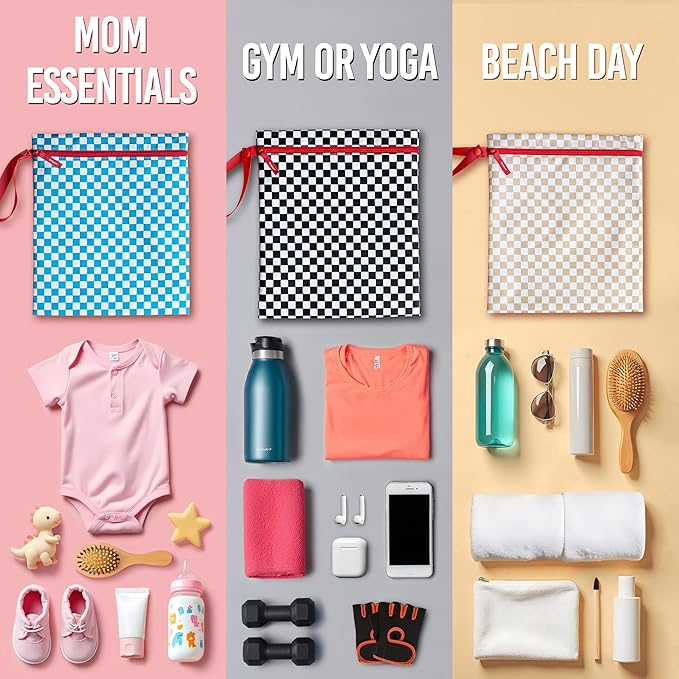 Bodysurf Waterproof Wet Bag for Swimsuit, Travel, Baby Essentials - Reusable Compact Organizer & Lightweight Storage for Dirty Laundry, Cloth Diapers, Gym, Yoga, Beach, Pool - Tan, Checkered