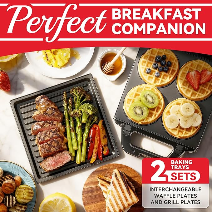 2 in 1 Mini Waffle Maker with Removable Plates, Panini Press Sandwich Maker, Sandwich Press, Waflera Electrica, Sandwichera Electrica, 4 X 4 Inch Classic Waffle Maker for Kids, Graphite