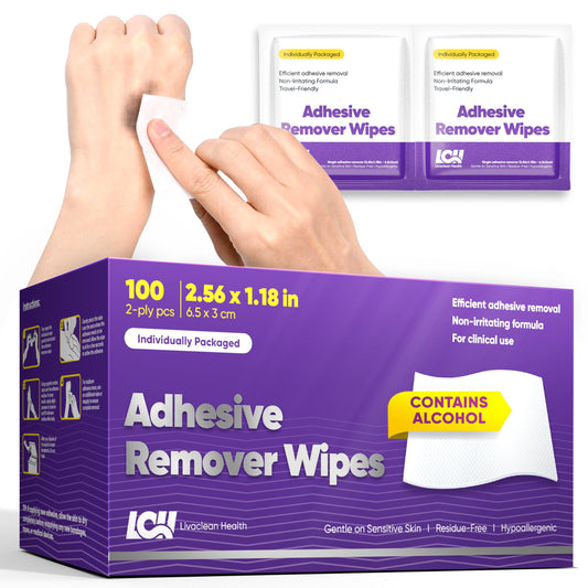 100 CT Adhesive Remover Wipes – Strong & Effective Skin Adhesive Remover – 2 Ply 2.56x1.18in (6.5x3cm) – Medical Adhesive Remover for Bandage, Tape, Dressings, and Ostomy Residue - By Livaclean Health