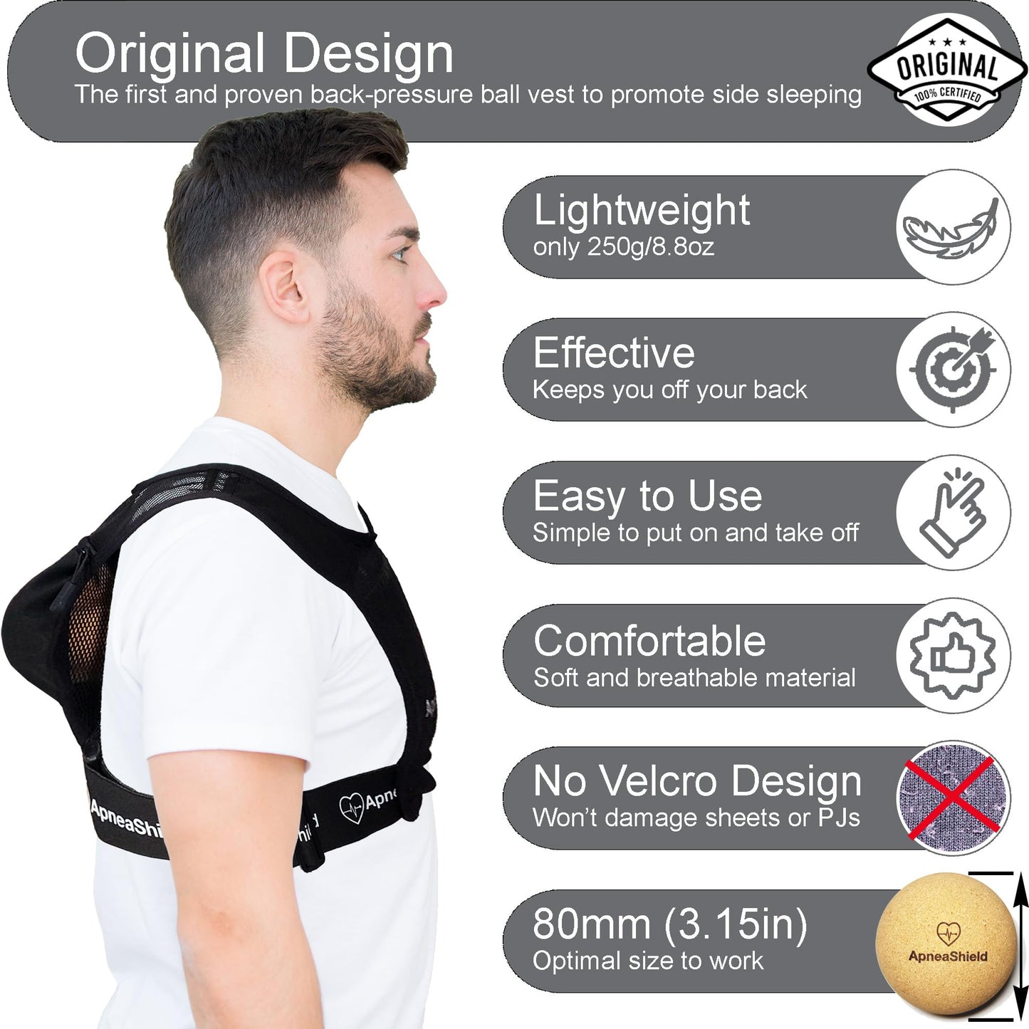 ApneaShield Sleep Position Trainer for Sleeping On Your Side | Side Sleep Trainer | Snore Stopper | Anti Snoring Device | Lightweight, Comfortable, Effective in Reducing Supine Sleep Time