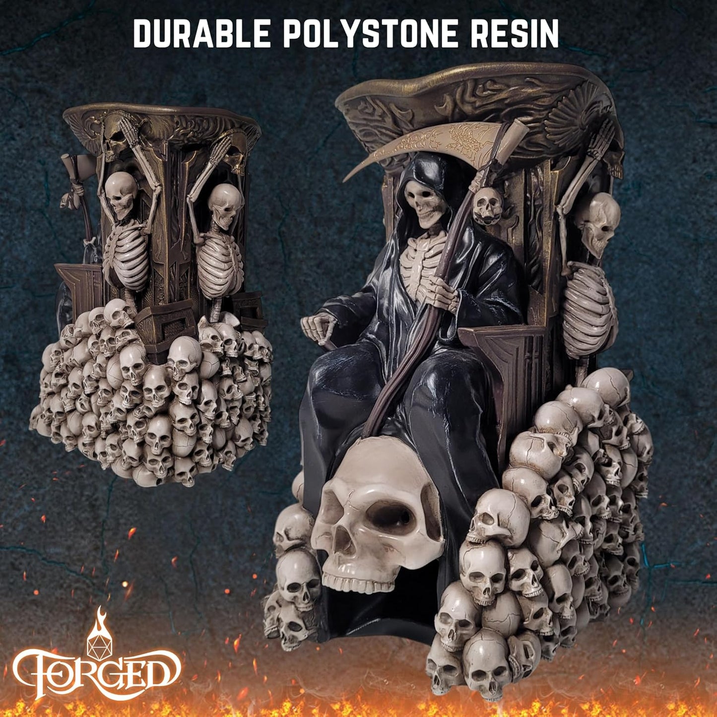 Forged Dice Co. Grim Bones Dice Tower with LED Skull Eyes - Hand Painted Grim Reaper Throne - Dice Rolling Tower Compatible with DND Accessories