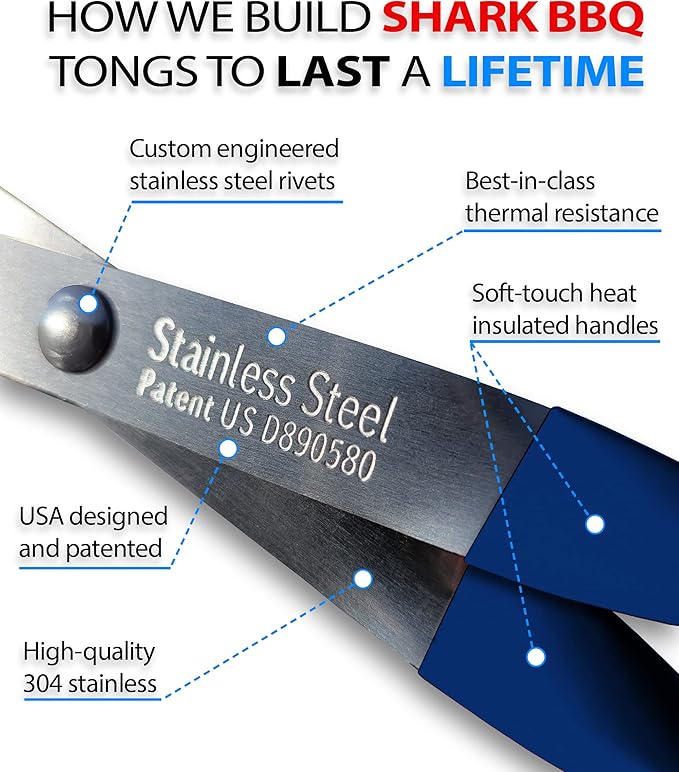 Shark BBQ Grill Tongs - 17 inch (Blue) Steak Tongs. Professional kitchen and outdoor grilling utensil. Long reach Barbeque Grilling Tong. Ideal for steak, fish, burger, and sausage
