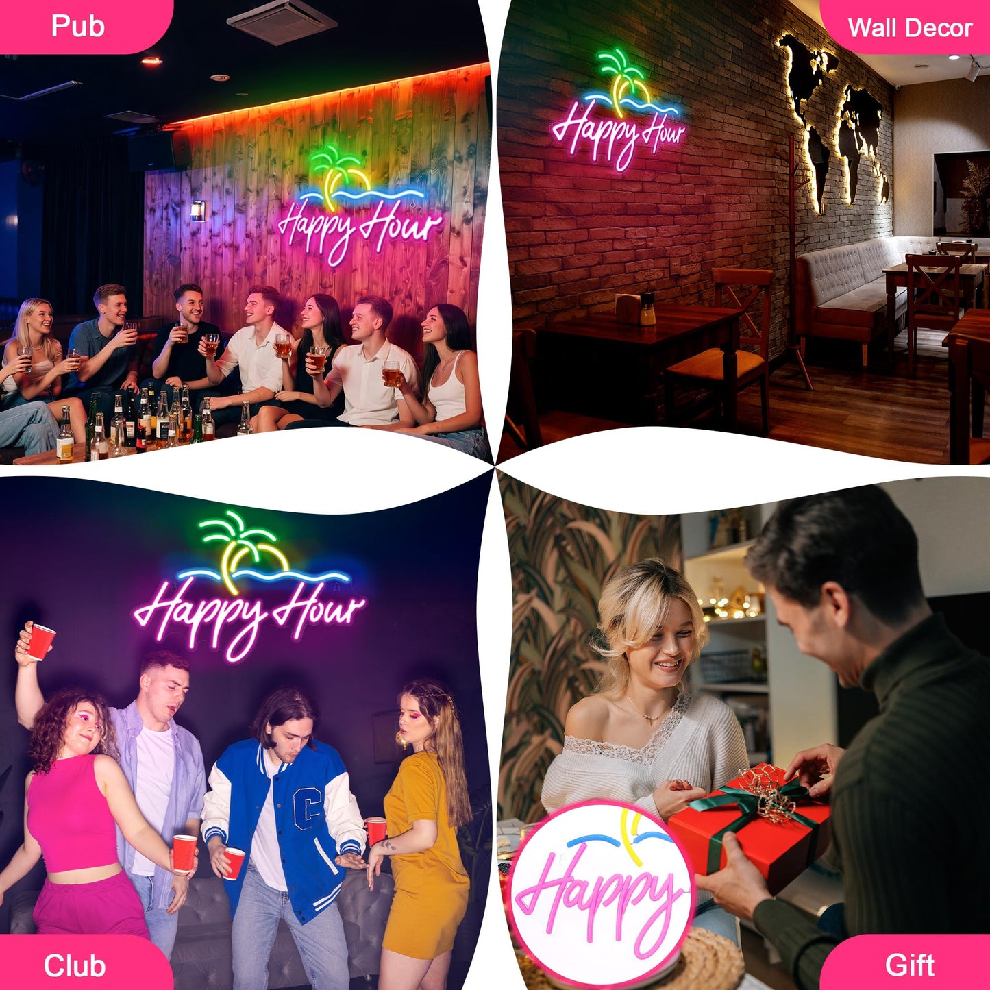 Kavaas Happy Hour Neon Sign 15.7 X 11.2  Palm Tree Neon Bar Signs For Home Bar Man Cave Club Pub Party - Best Gifts For Husband  Father  Birthday  Christmas
