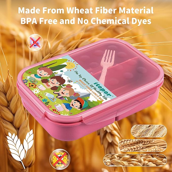 Wheat Straw Bento Box, BPA-Free Lunch Box for Kids & Adults - Leakproof 3-Compartment Lunch Containers with Utensil, Microwave/Dishwasher Safe, 5.5 Cup Muted Red