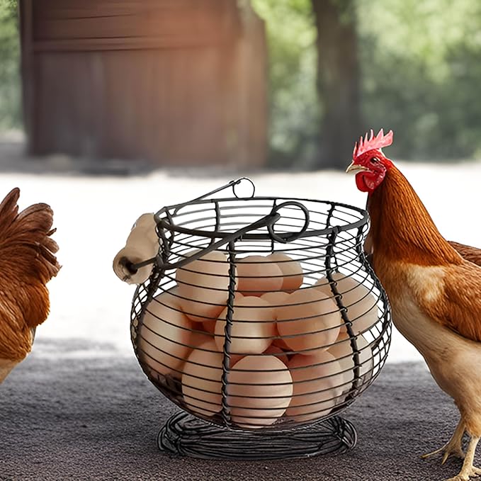 LINCOUNTRY. Farmhouse Wire Egg Baskets for Gathering Fresh Egg With Handle, Round Metal Chicken Basket Collecting Fresh Egg Holder, Vintage Style for Countertop Kitchen