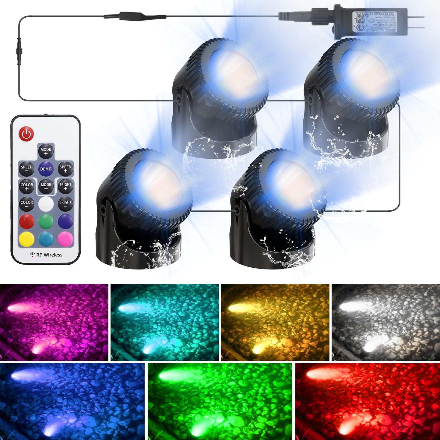 Srygery RGB Underwater Pond Lights, 20 Colors Dimmable, IP68 Waterproof, Remote Control, Set of 4, Black, Model BSV-RL504C