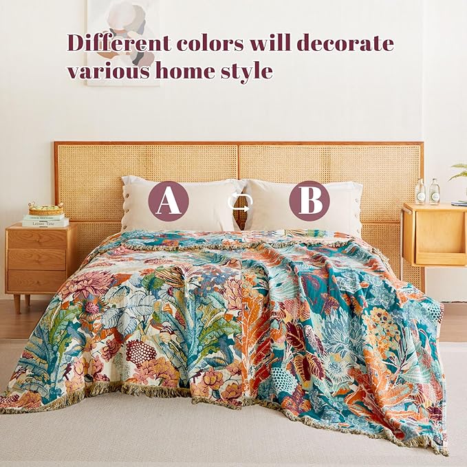 MSGKV Boho Throw Blanket for Couch 100% Cotton Floral Blanket 50"x60" Sofa Bed Chair Blanket All Seasons Farmhouse Muslin Breathable Lightweight Blankets Home Decor