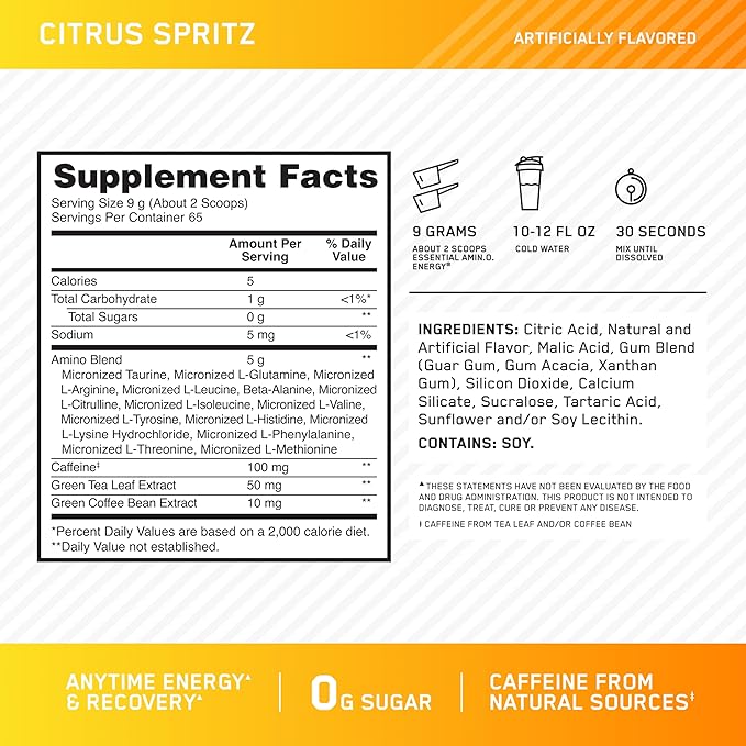 Optimum Nutrition New Flavor Amino Energy - Pre Workout with Green Tea, BCAA, Amino Acids, Keto Friendly, Green Coffee Extract, Energy Powder - Citrus Spritz, 65 Servings (Packaging May Vary)