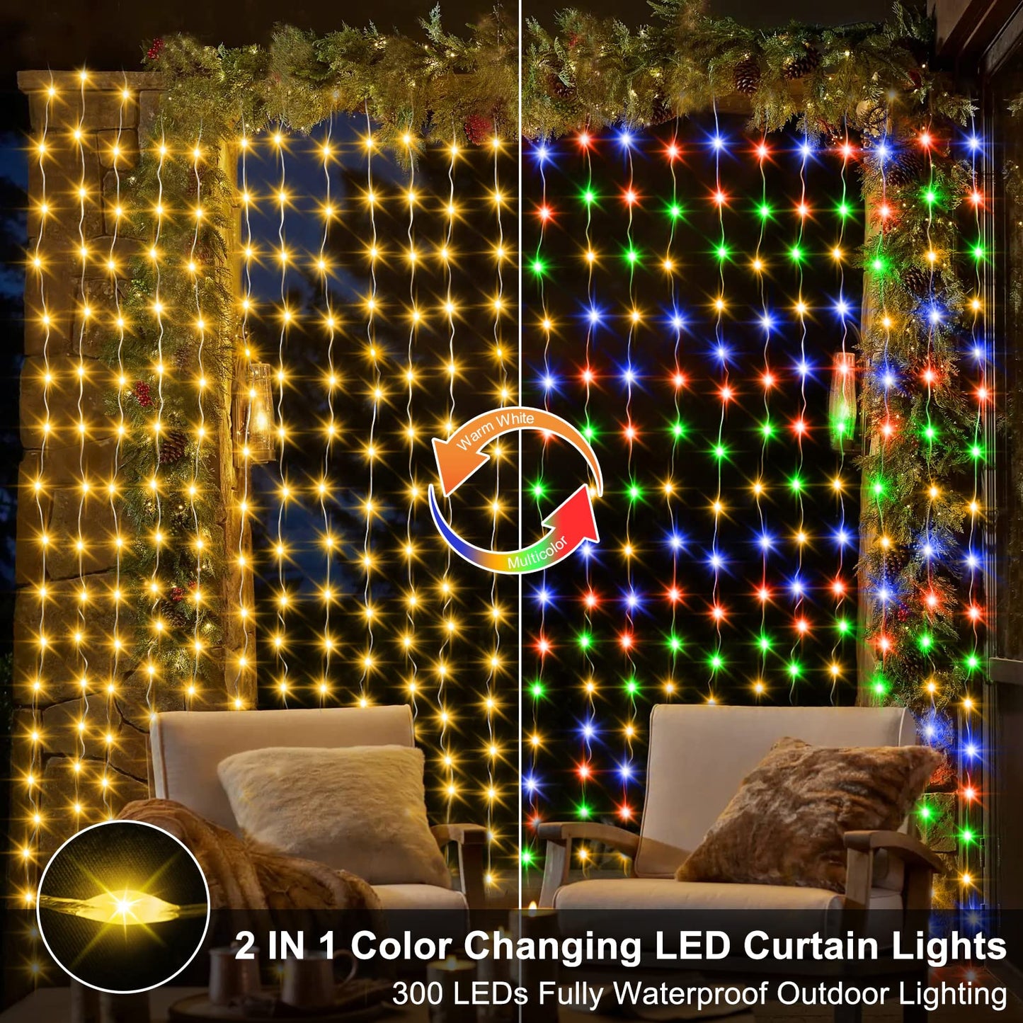 Zaiyw 300 Led Curtain Lights, 10Ft X 10Ft, Color Changing, Waterproof, Warm White & Multicolor, Remote Control, Model Dmo-300