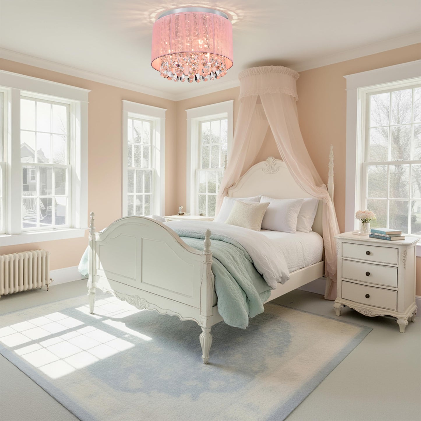 Lalula Pink Chandelier Drum Flush Mount Light Fixture - 3-Light 11 Round Crystal Ceiling Light For Girls Bedroom