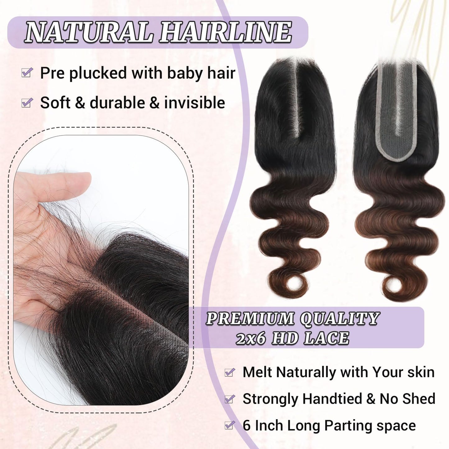 DSEKCAIN 2x6 HD Lace Closure T1B/2/30 Chestnut Brown Ombre Body Wave 2x6 Transparent Lace Closure 3 Tone Ombre Medium Auburn Col