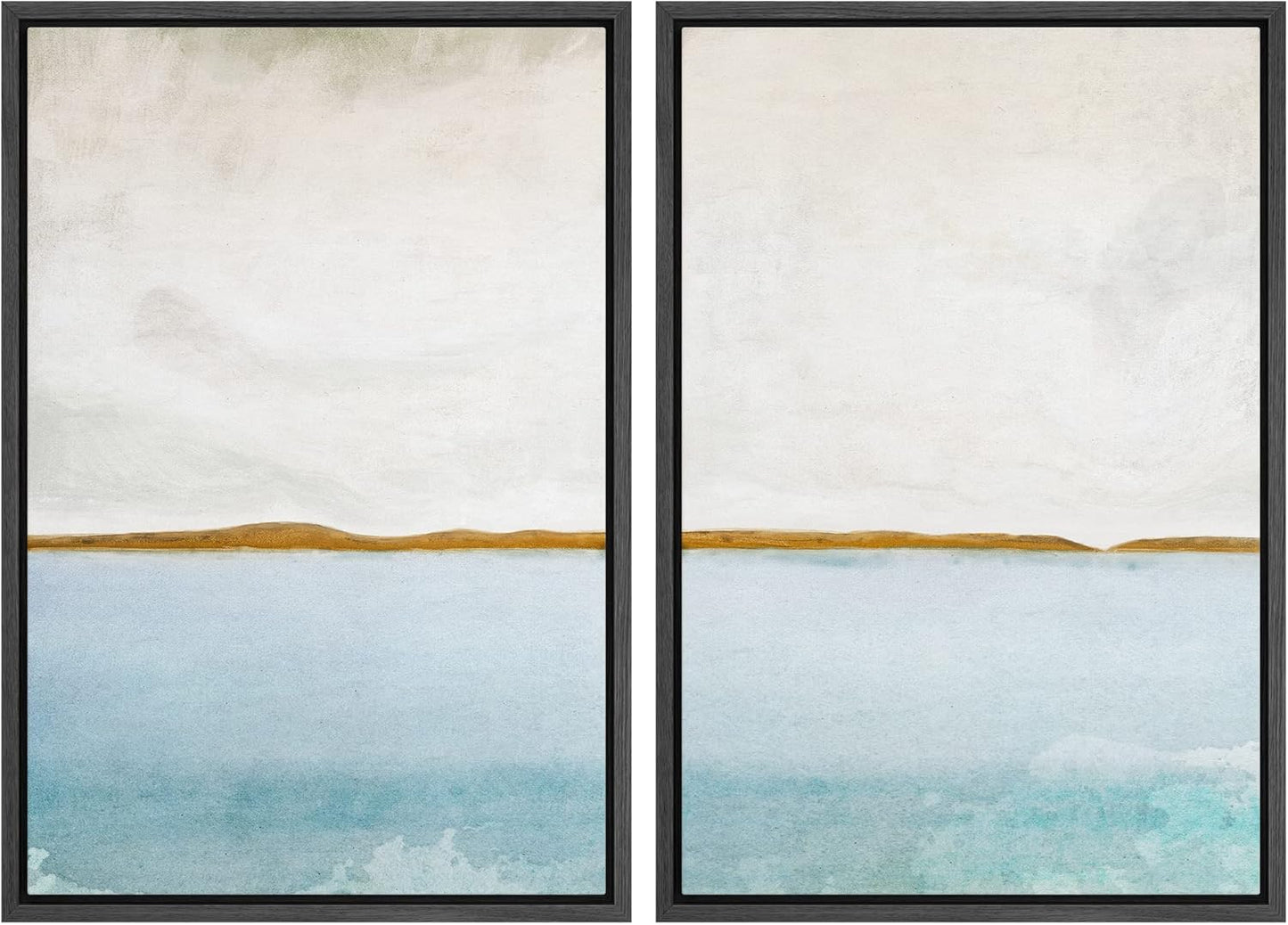 SIGNWIN Framed Canvas Print Wall Art Set Gold Blue Ocean Sea Beach Landscape Nature Wilderness Illustrations Modern Art Decorative Rustic Chic for Living Room, Bedroom, Office - 16"x24"x2 Black