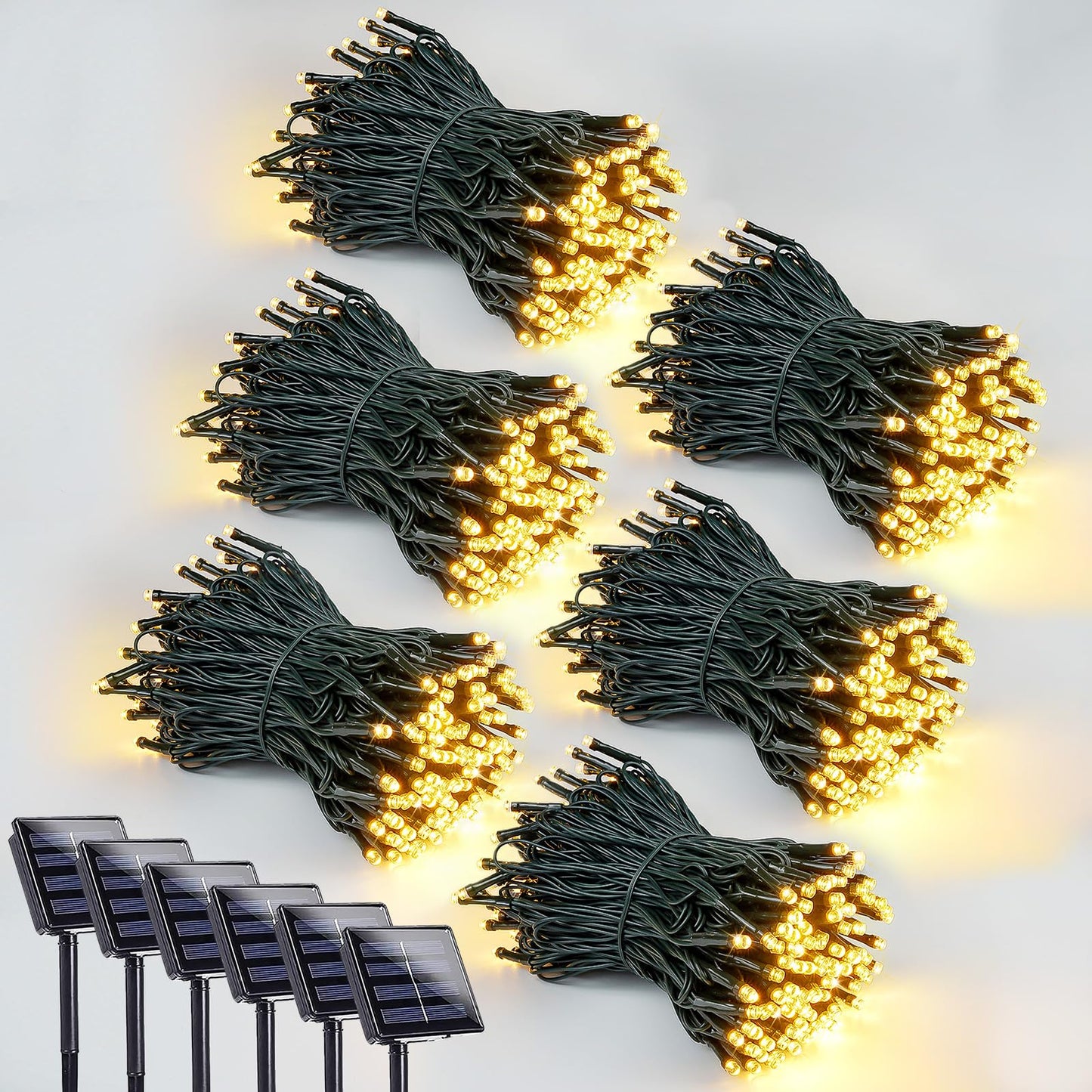 EEW 6 Pack Solar String Lights, 600 LED, 8 Lighting Modes, Waterproof, Warm White, Model CAIYUAN-100