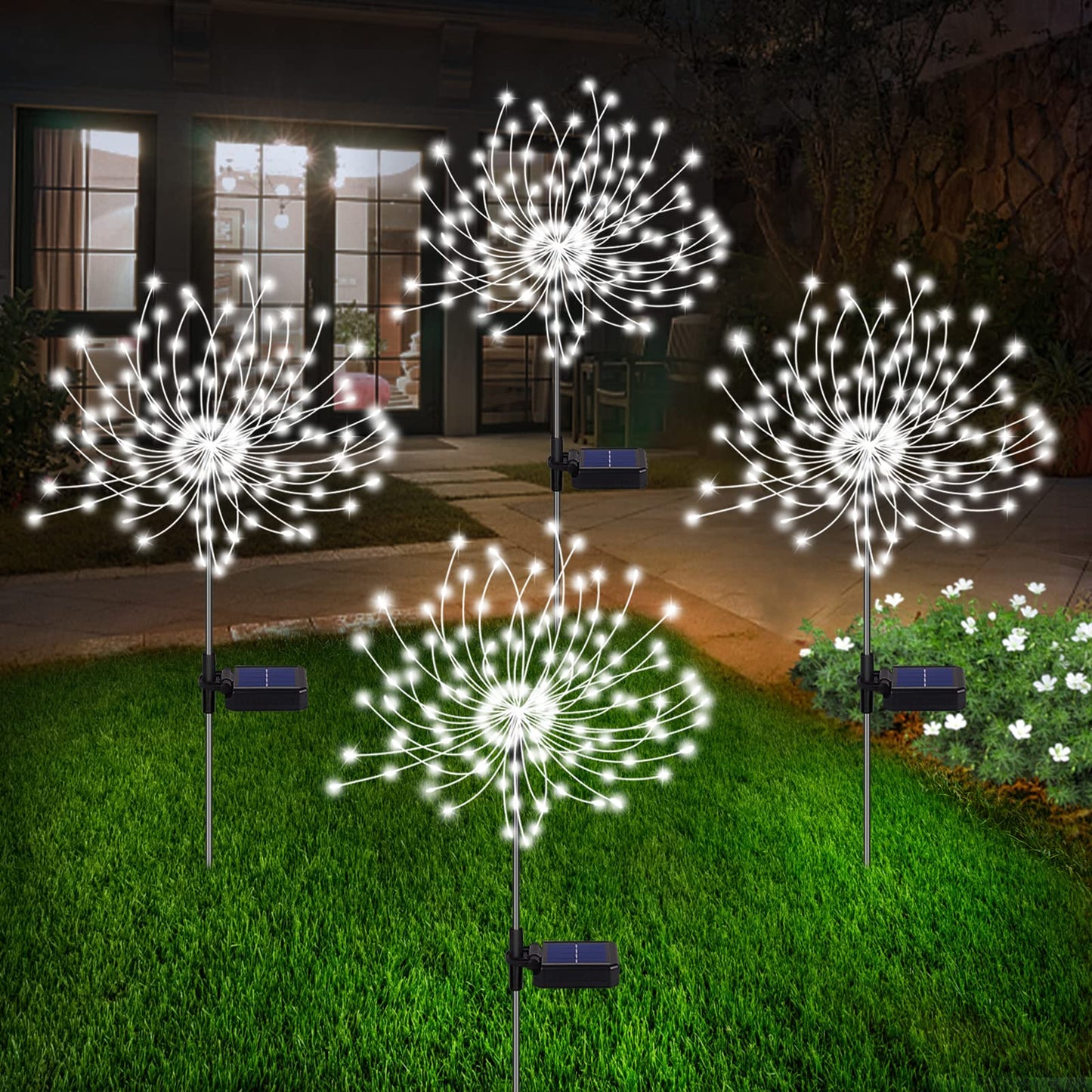 Solar Firework Lights - 4 Pack 120 Led Decorative Starburst Lights  12 Hrs Working Time  For Garden Pathway  Courtyards  Wedding & Christmas Decor (Cool White)