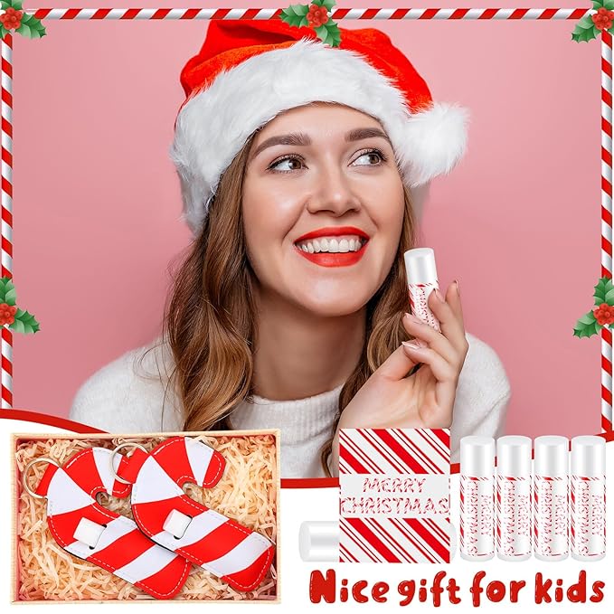 36 Pcs Christmas Lip Balm Lipstick Holder Keychain Bulk Candy Cane Merry Christmas Party Gifts Stocking Stuffers Peppermint Flavor Lip Care Moisturizing for Xmas Coworker Employee Family Gifts