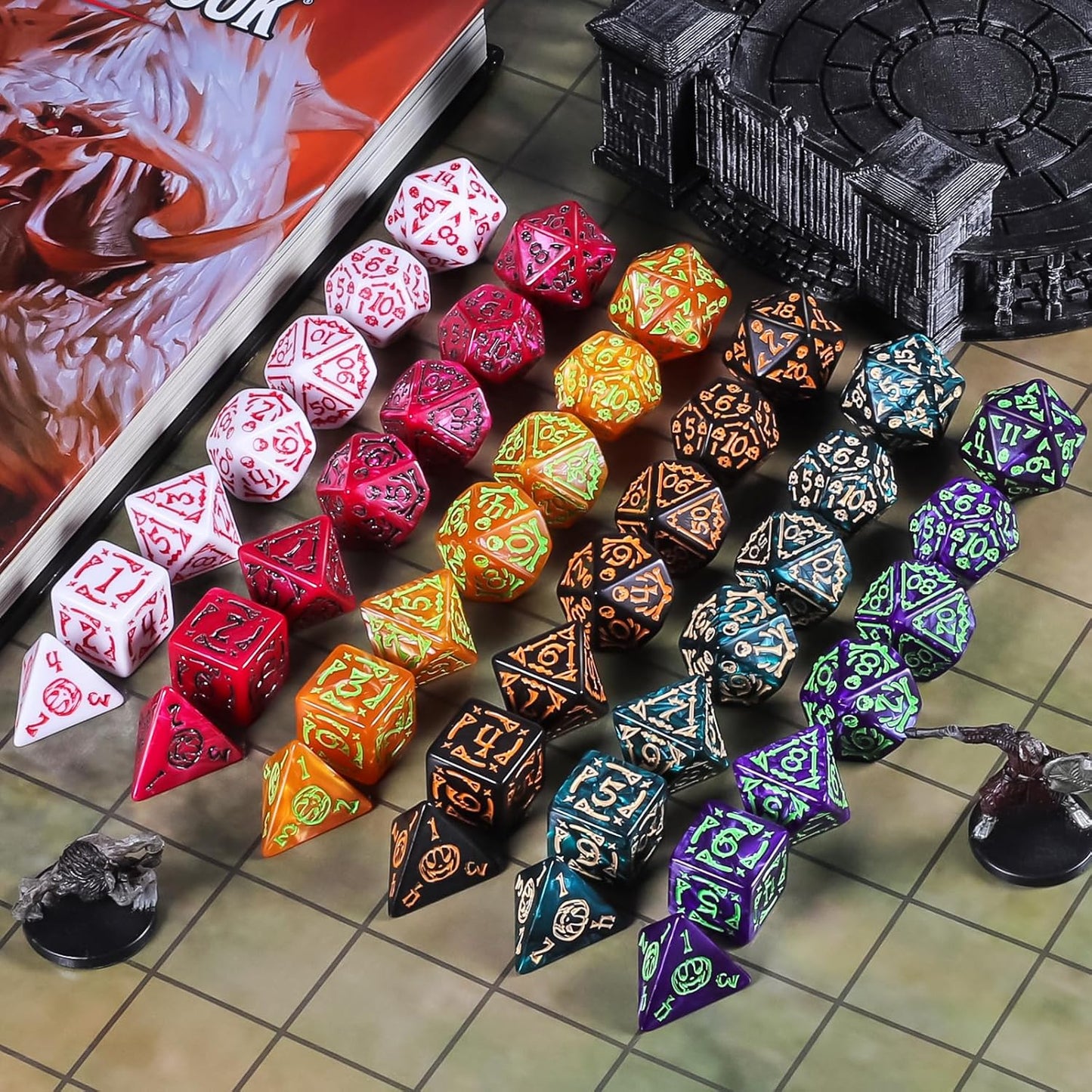 CiaraQ DND Polyhedral Dice Set (42pcs) with A Gold Pattern Drawstring Bag for Dungeons and Dragons RPG MTG Table Games. 6 Sets Halloween Pumpkin Role Playing Dice Set