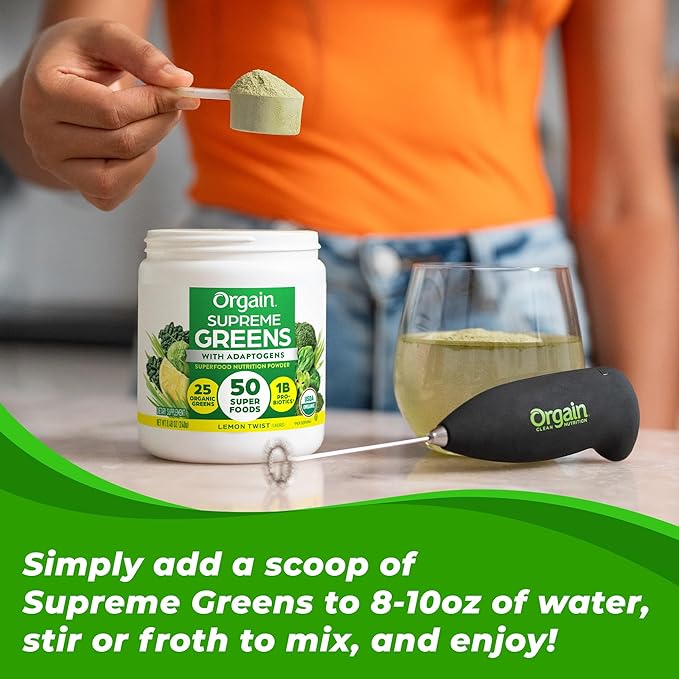 Orgain Supreme Greens Powder, 50 Superfoods, 1 Billion Probiotics, and Adaptogens, for Gut Health and Immune Support, 1.5 Servings of Fruit and Veggies, Lemon Twist