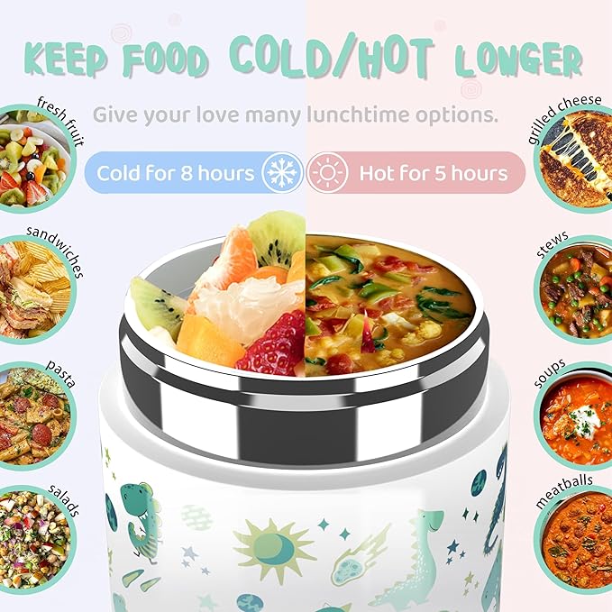 12oz Insulated Food Jar for Kids, Easy Carry, Wide Mouth, Thermos for Hot Food, Soup, Salad, Sandwich, School Lunches (Green-Dinosaur)