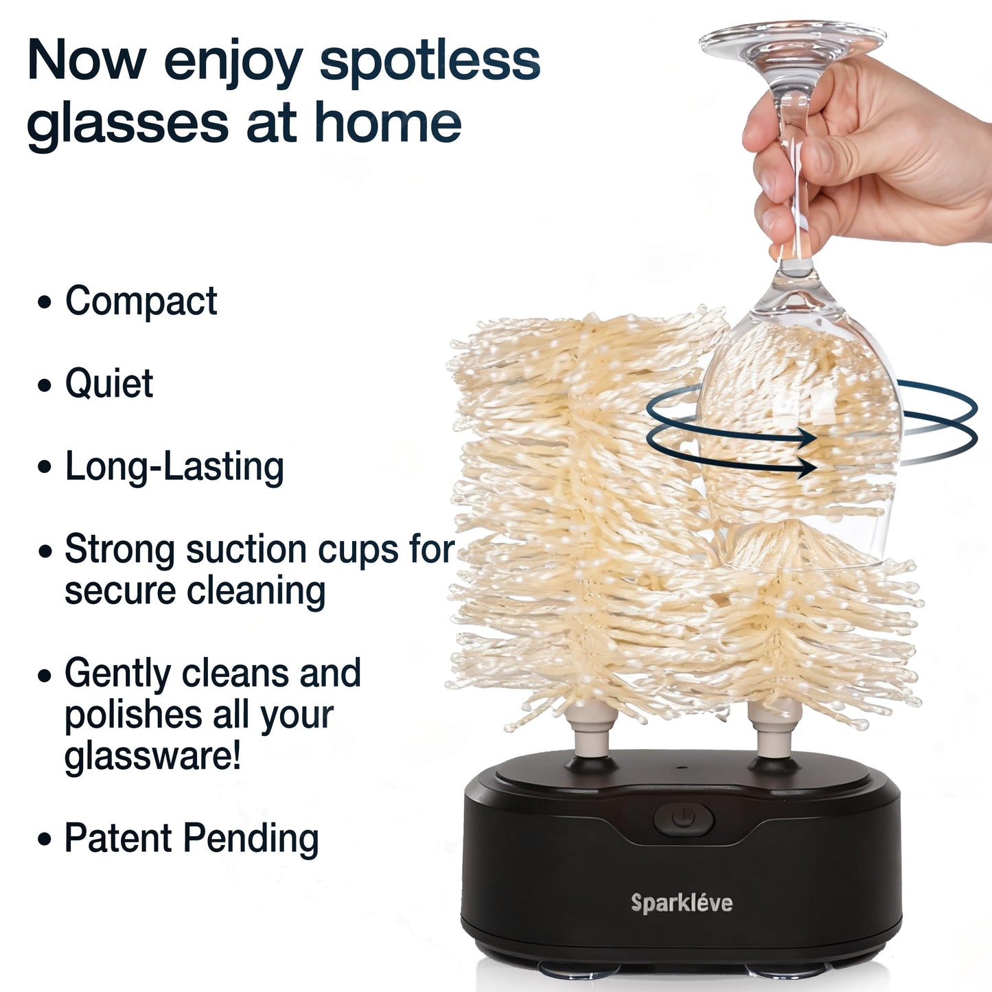 Home Glassware Polisher, World's First Affordable Spinning Glass Polisher, 600 RPM Dries, Polishes, All Glasses, Wine, Bar, Drinking, Wet/Dry, For Sparkling Glassware, Black, Classic Matte