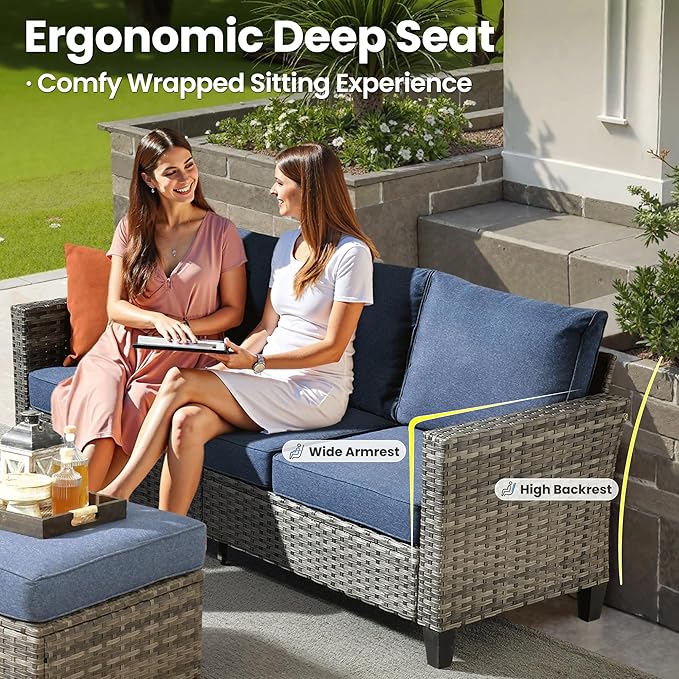 ovios 6 Pieces Patio Furniture Set with 30" Fire Pit Table, Outdoor Wicker Sofa with Comfy Cushions, All Weather High Back Rattan Couch Conversation Set, Denim Blue