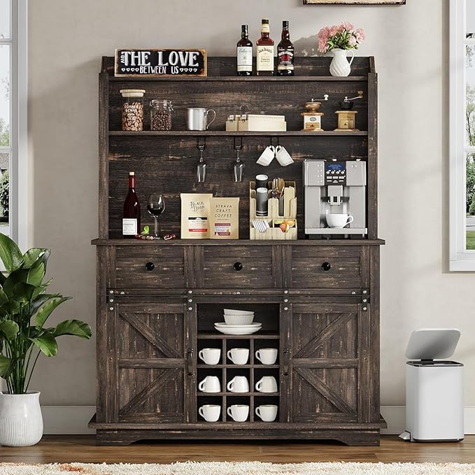 63 Inch Tall Coffee Bar Cabinet with 3-Tier, Kitchen Hutch with 3 Large Drawers, Farmhouse Coffee Bar with 9 Wine Racks & 3 Glass Holders, Wine Storage Cabinet for Living Dining Room, Oak