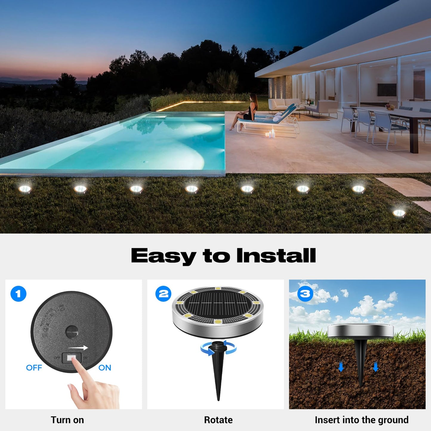 Peasur Solar Ground Lights, 18 Pack Flat Disc, IP68 Waterproof, Cool White, Landscape Lighting for Garden, Model PEASUR-SGL18