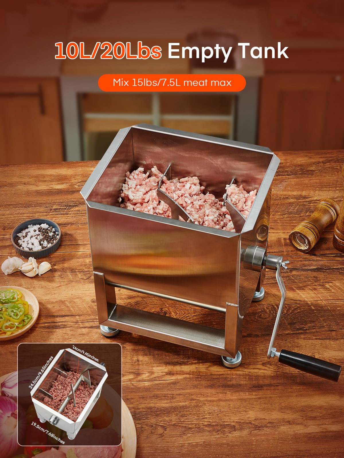 Meat Mixer, 20LBS/10L Capacity Tank 304 Stainless Steel Manual Meat Mixer, Meat Mixer for Sausage with Stainless Steel Lid ＆ Deachable Handle, Mix Up to 15LBS/7.5L