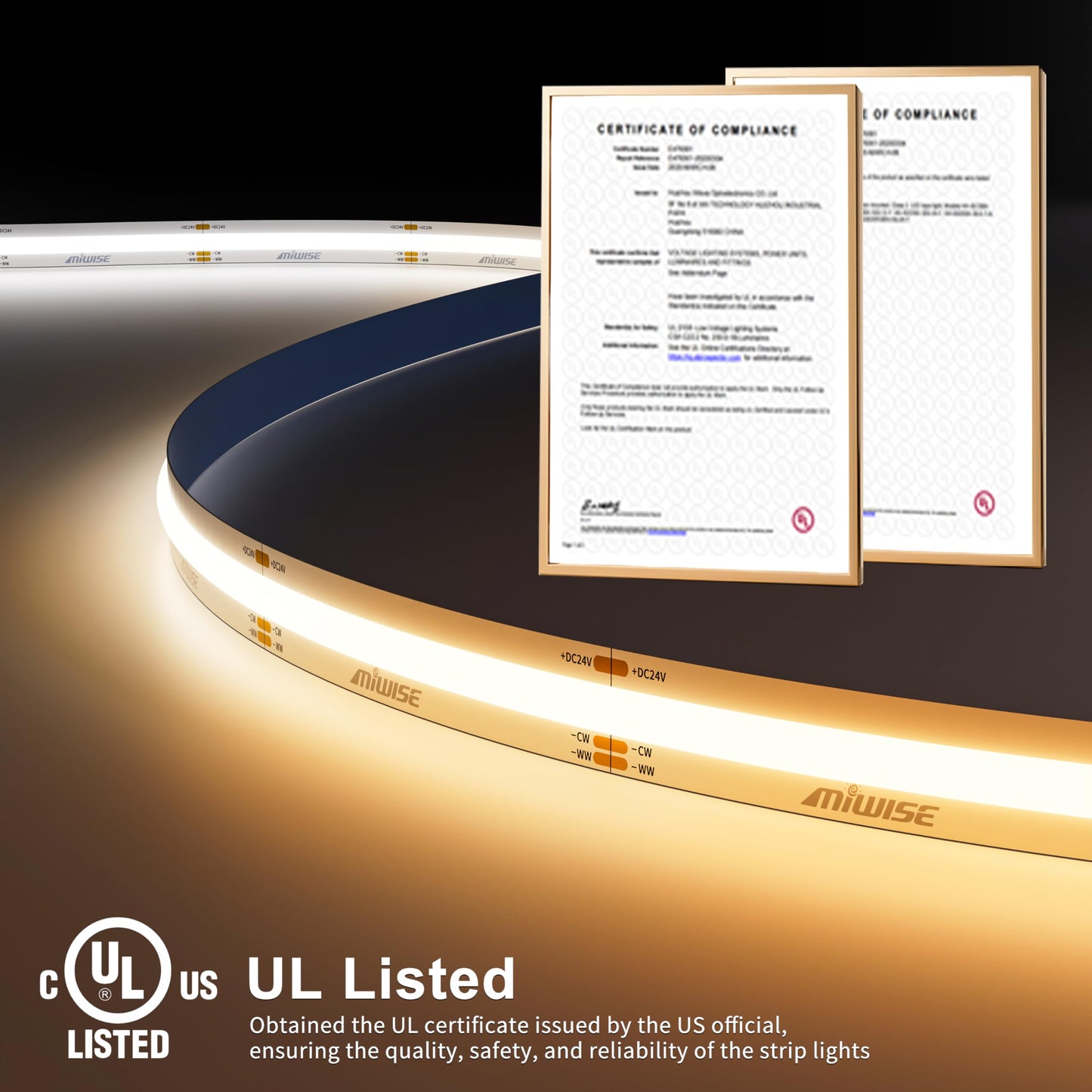 MIWISE COB LED Strip Light 20ft 2700K-6500K Dimmable Color Changing with Remote & APP Control Model MCCTCOB576D10W24V-6.