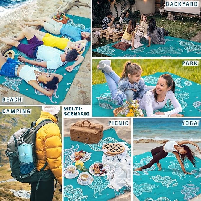 Beach Blanket Sandproof Waterproof 78''×81''1-5 Adults Oversized,Compact Lightweight Durable Beach Mat for Travel Camping Hiking Picnic Blanket
