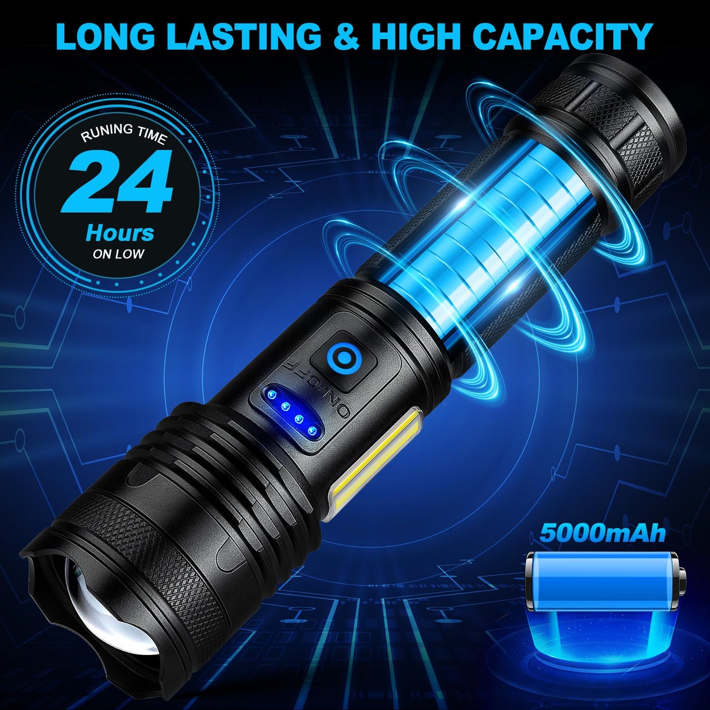 Alicegirl Rechargeable Flashlight, 99000LM, 8 Modes, Waterproof, Aluminum, Model M111-COB, Black