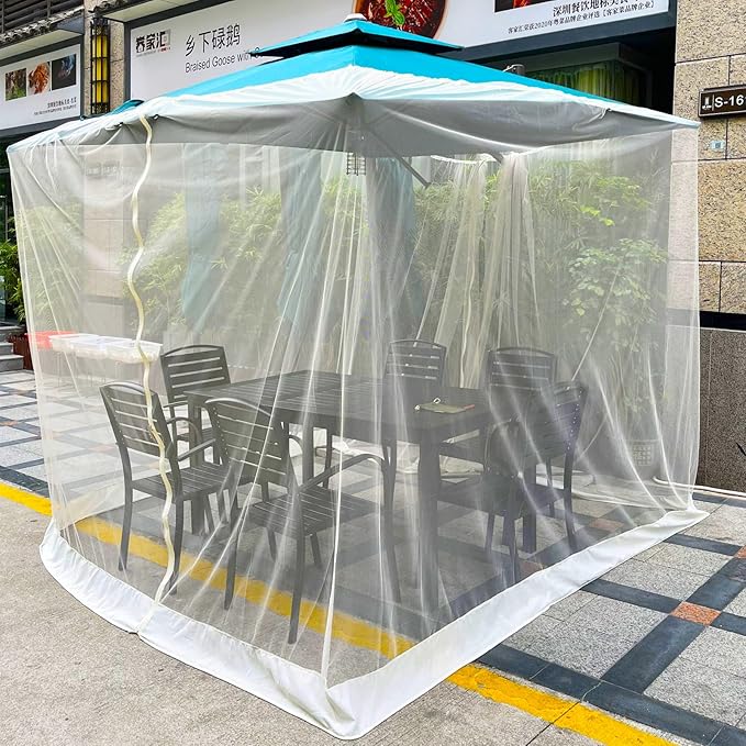 7.5-11ft Beige Patio Umbrella Mosquito Netting, with Double Zipper Door, Polyester Mesh Net Screen Universal for Almost Outdoor Market Table Umbrellas & Cantilever Offset Hanging Umbrella w/Tilt