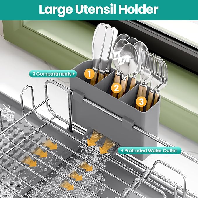 TOOLF Dish Drying Rack - Large Expandable Dish Rack for Kitchen Counter, Stainless Steel Dish Drainer for Kitchen Organization with Cutlery ＆ Cup Holder,Gray