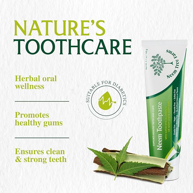 Neem Fluoride Free Toothpaste - Adult and Children Friendly - 100% Vegan Natural Toothpaste, Gluten Free, No Artificial Ingredients - Supports Daily Gum Care - with Clove & Stevia (2 Pack)