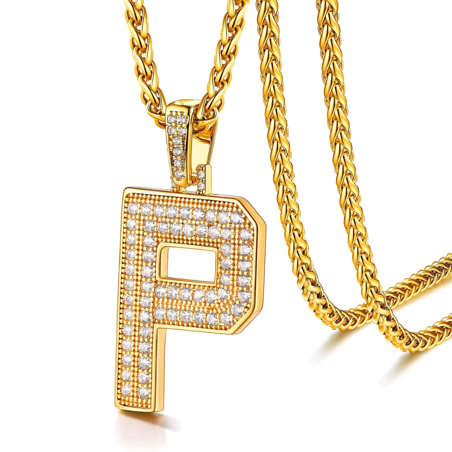 U7 Initial Necklace 18K Gold Plated Chain Hip Hop Bling Costume Jewelry Personalized Alphabet Letter P Pendant