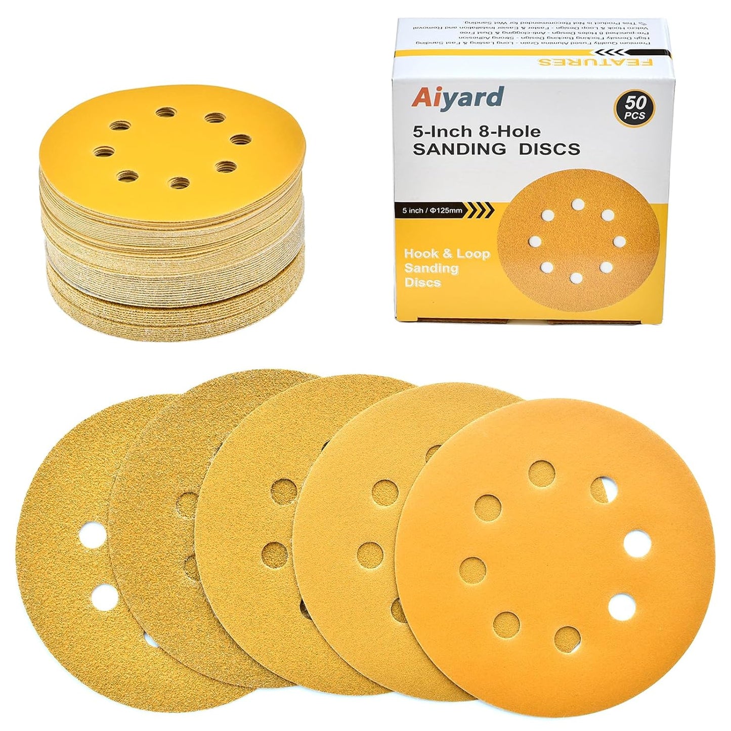 5-Inch 8-Hole Hook and Loop Sanding Discs, 60/80/120/220/400 Assorted Grits Gold Sanding Disc for Random Orbital Sander, 50-Pack