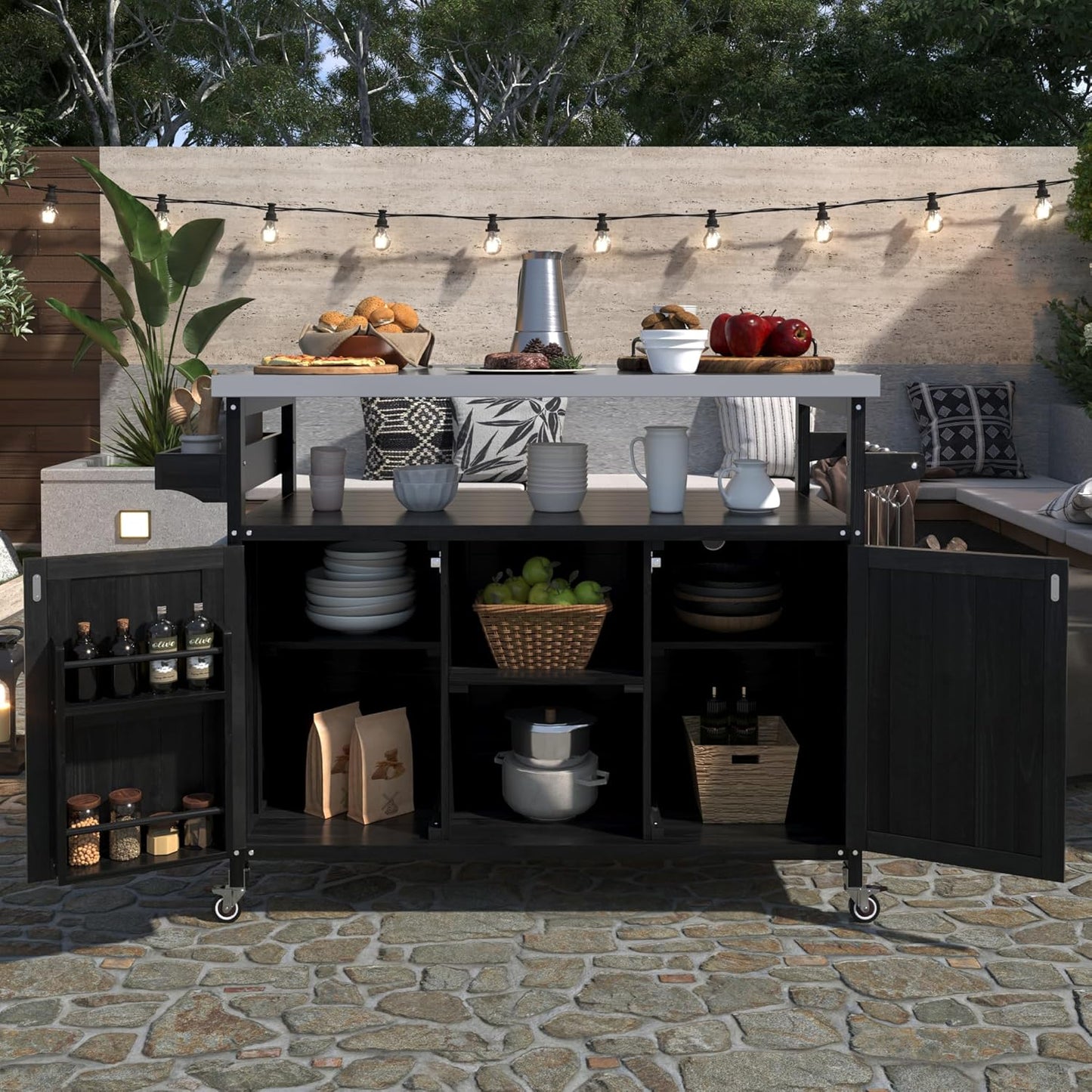 Outdoor Grill Carts for Patio Graden BBQ with Storage Cabinet, Home Rolling Kitchen Island Bar Cart with Stainless Steel Top, Food Prep Table with Shelves, Spice Rack & Towel Holder (Black)