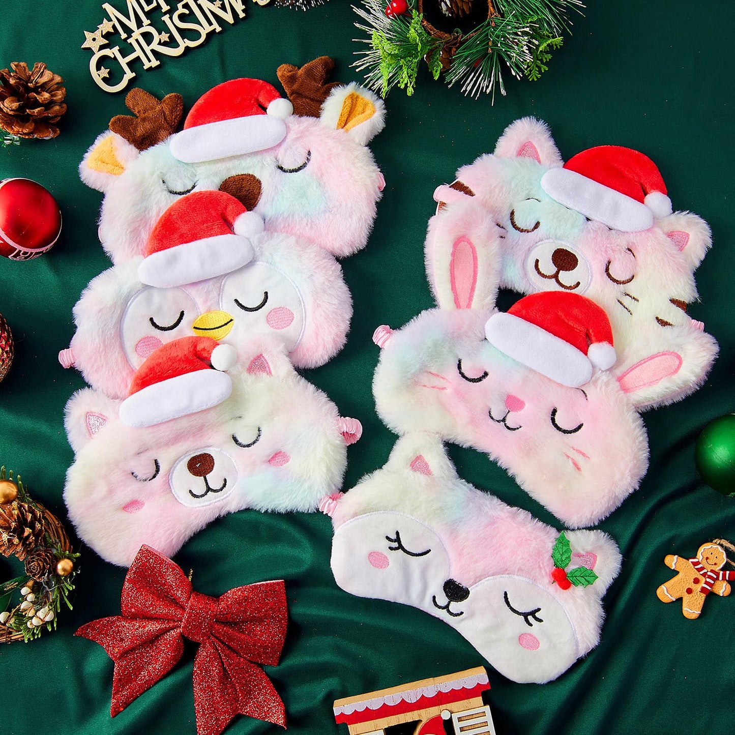 Geyoga 6 Pieces Christmas Sleeping Mask for Kids Girls Eye Mask Cute Reindeer Penguin Bear Animal Soft Plush Blindfold Eye Cover Shade for Toddler and Adult Xmas Party Gifts(Rainbow)