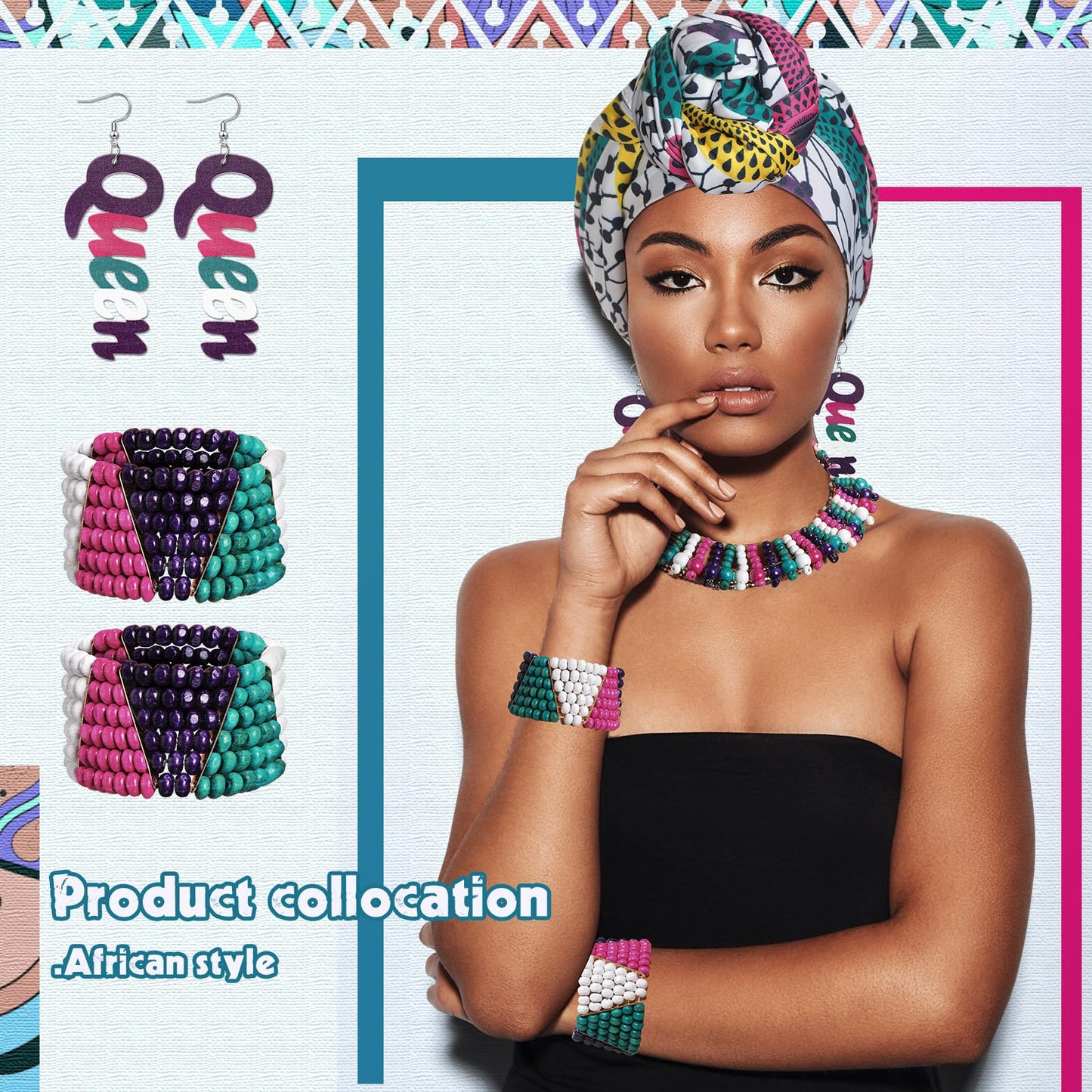 Yinkin 5 Pcs Jamaica Women's African Headband Jewelry Earrings Multicolor Beaded Jamaican Bracelet Headwraps Set Beaded Set Stre
