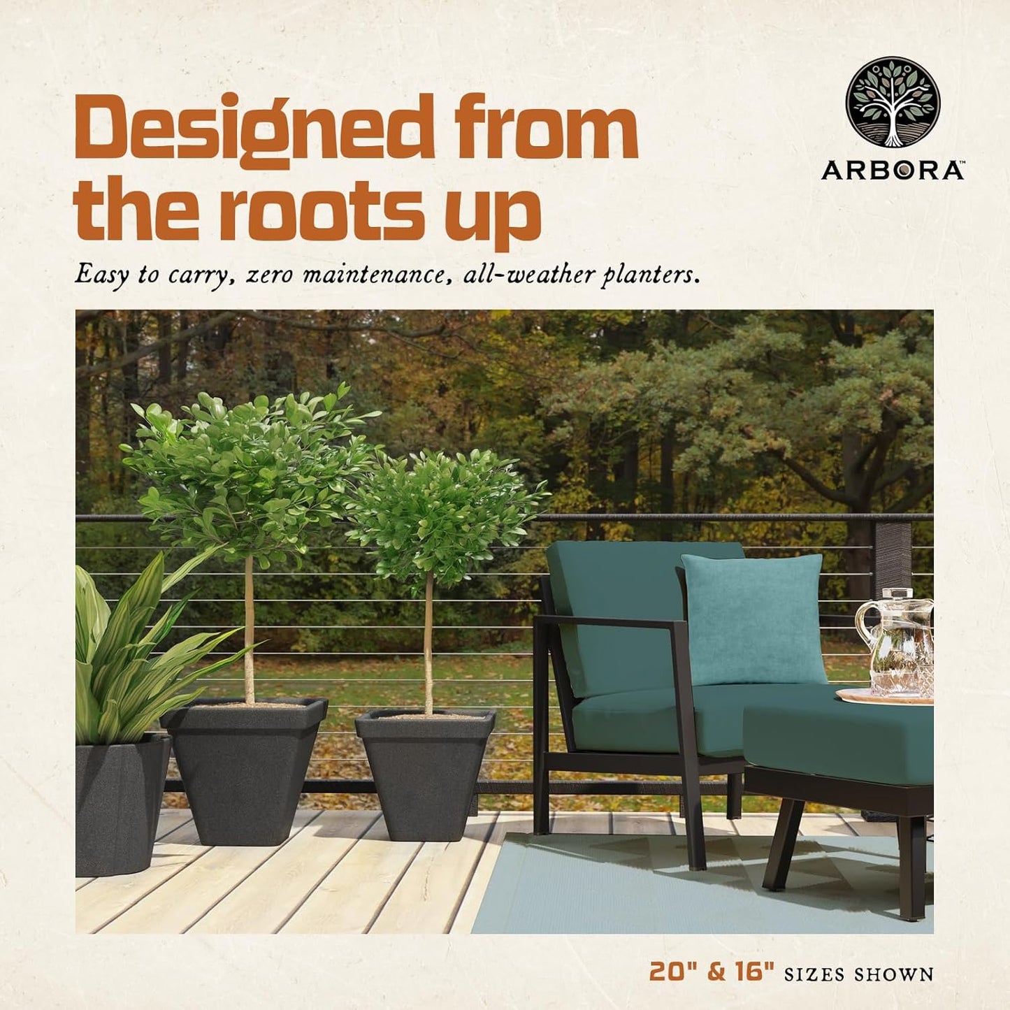 ARBORA 20" Mykonos Square Polyresin Indoor and Outdoor Planter with Classic Black Finish - Durable, Weatherproof, Lightweight, Large Plant Pot for Patio, Garden, Deck, Entryway