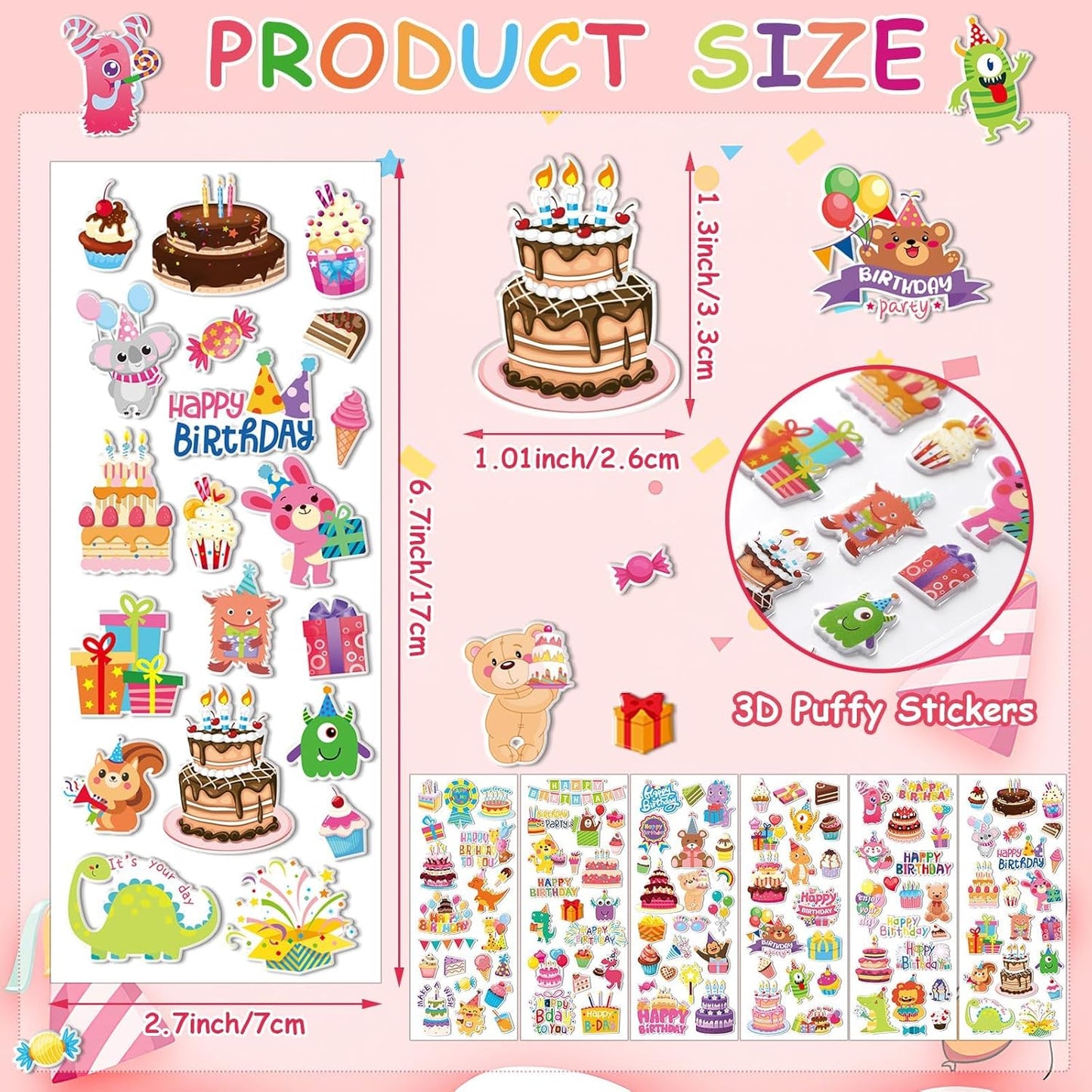 UPINS 12 Sheets Happy Birthday Stickers for Kids, 3D Cute Puffy Stickers Birthday Cake Foam Stickers Decals for Birthday