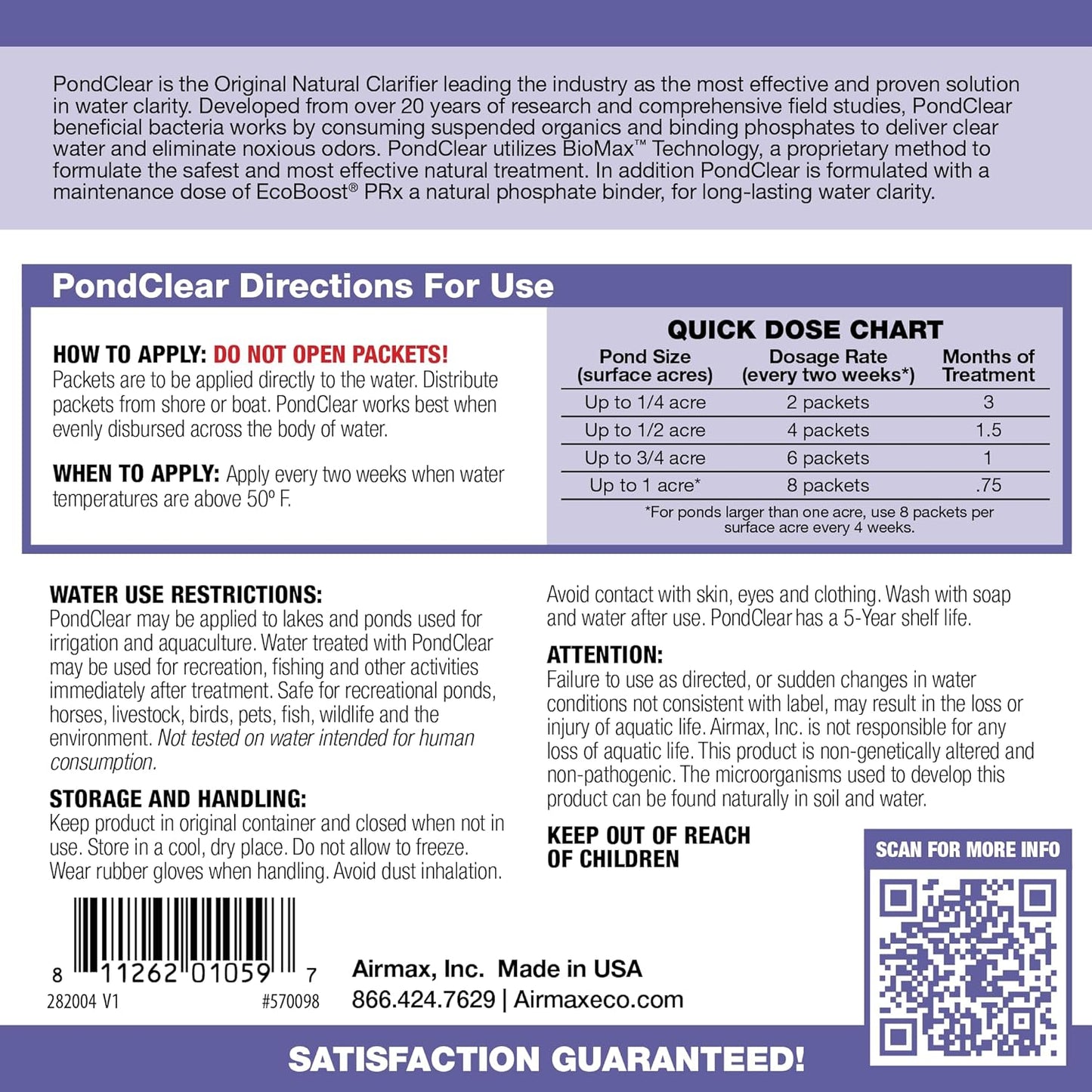 Airmax PondClear Packets, Beneficial Bacteria & Enzyme Clarifier Treatment with Ecoboost PRx, Clear & Clean Pond & Lake Water, Safe for Fish, 96 Count
