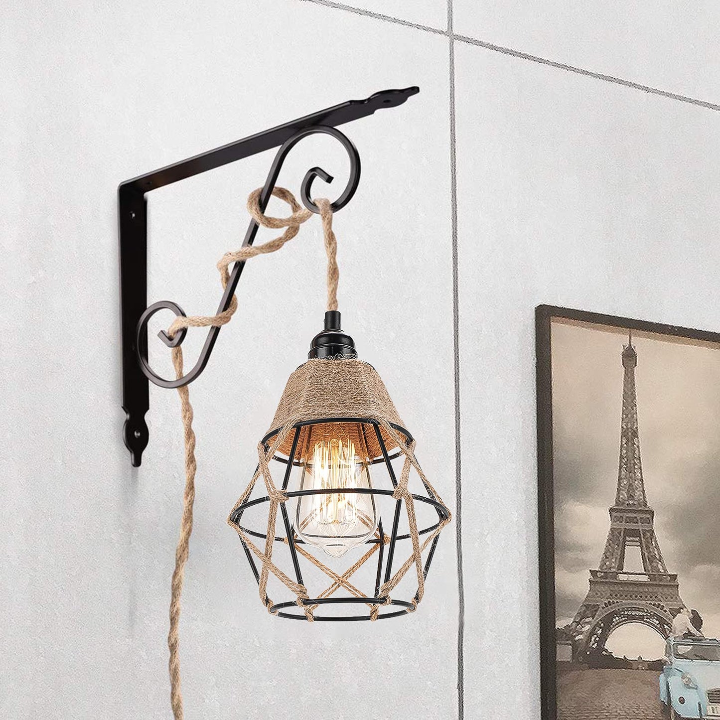 FRIDEKO HOME Industrial Pendant Light Kit, 15ft Twisted Hemp Rope, E26/E27 Socket, Vintage Fabric, Hemp Rope Brown, 1 Pack