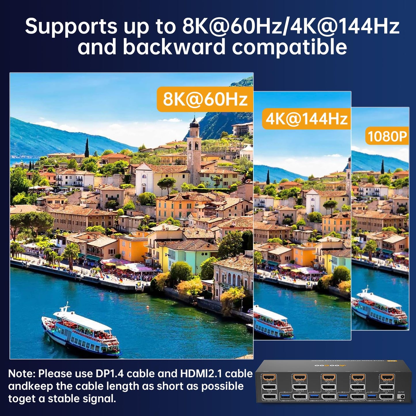 HDMI Displayport KVM Switch 3 Monitors 4 PC 8K@60Hz/4K@144Hz KVM Switches with USB 3.0 Port,Wired Remote,Power Adapter and USB3.0 Cables Included