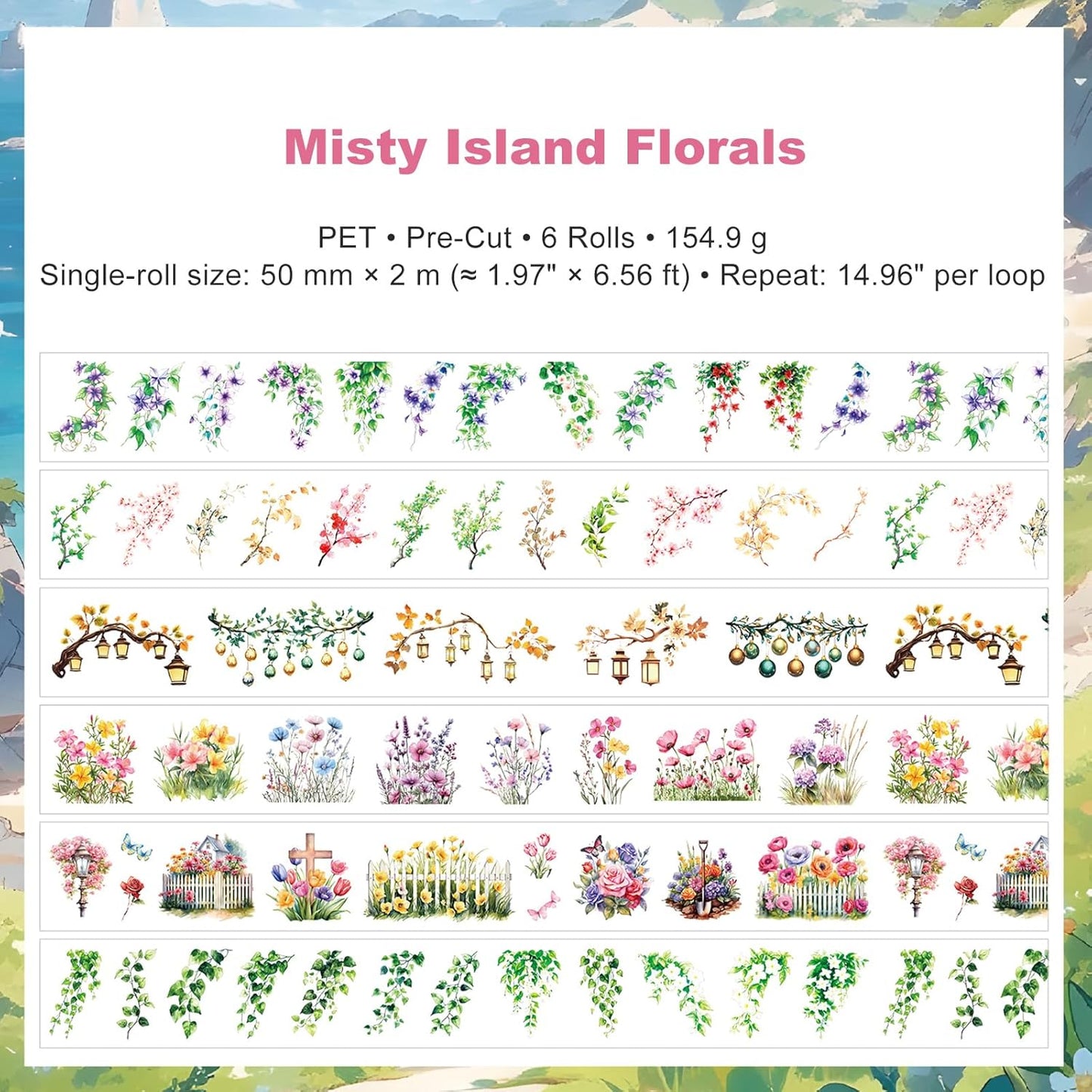 Misty Island Florals PET Pre-Cut Floral Tape Set - 6 Rolls Clear Flower Sticker Strips + 1 Clip for Scrapbook Journals Junk Journal Coastal Cottage DIY Décor
