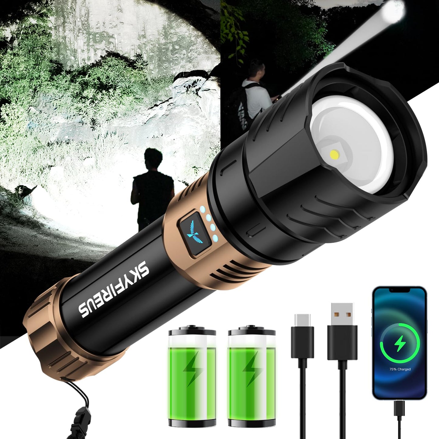 Skyfire Rechargeable Flashlight High Lumens Led Flashlight With 8000Mah Zoomable Four Modes Waterproof Bright Flash Light For Camping Essentials Outdoor Home-No Lens